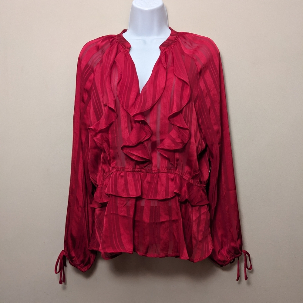 Orchid Haze Fuscia Pink Ruffled Long Sleeve Chiffon Blouse L New